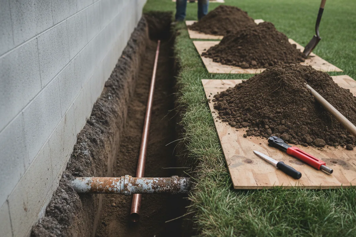 Excavated water line trench during Water Softener Installation in Coward
